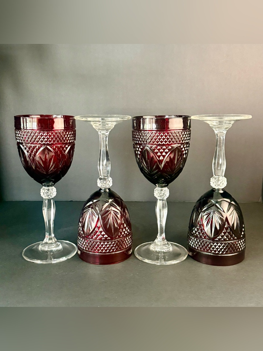 Vintage CRISTAL D'ARQUES Durand ANTIQUE RUBY RED Water Wine glasses 8" Set 4 - Picture 3 of 15